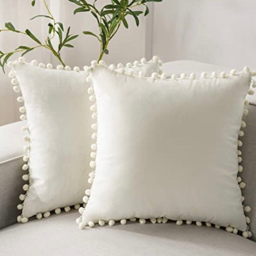(Only Covers) Set of 2 Poms Poms Velvet Decorative Throw Pillow Covers, White